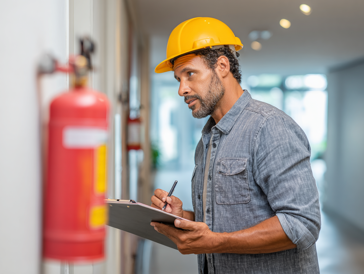 Fire safety inspector with clipboard – FDNY compliance inspection NYC commercial facility